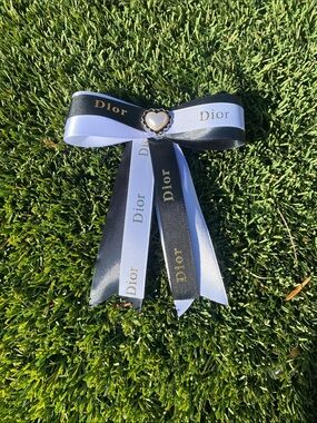 Dior Handmade Black and White Logo Ribbon Bow with Heart Center Hairclip